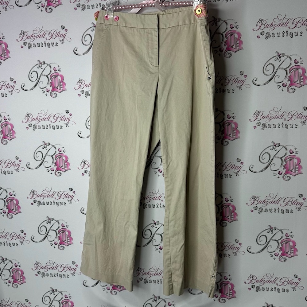 Sigrid Olsen floral detail flowers pink Tan Pants with Pink Trim cropped capri